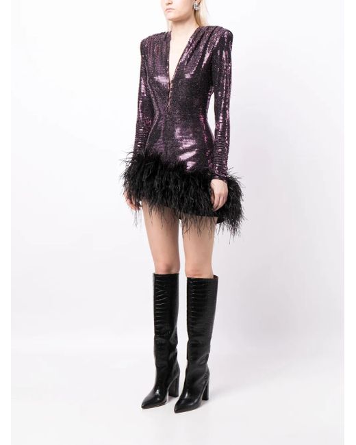 Bronx and Banco Purple Feather-Detailing Metallic-Finish Dress