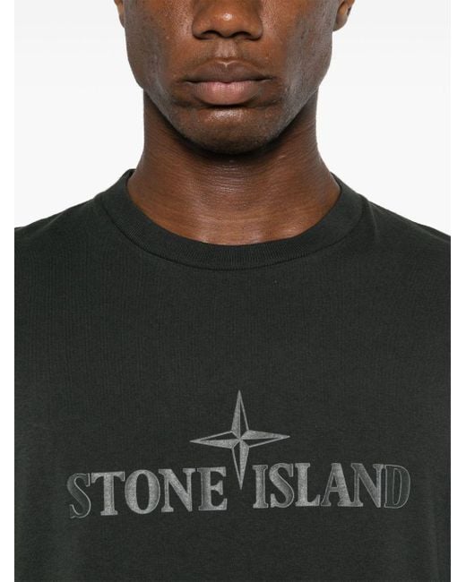 Stone Island Black Cotton T-Shirt With Printed Logo for men