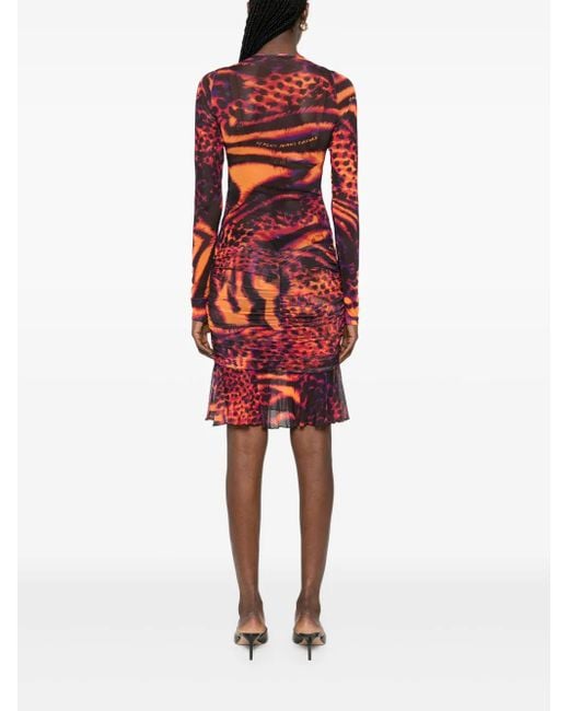 Versace Jeans Couture Red Animal-Print Tulle Midi Dress