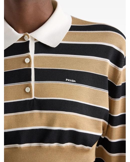 Prada Black Cropped Striped Silk Polo Shirt