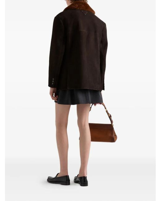 Prada Black Shearling-Collar Suede Coat