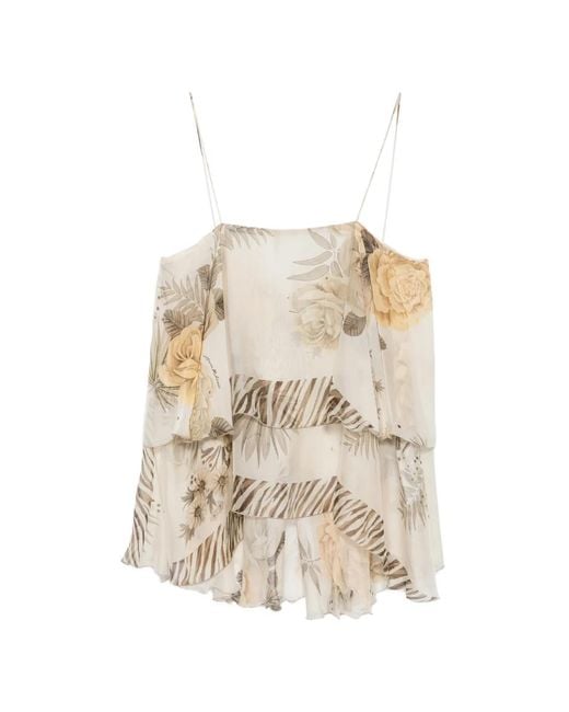 Anna Molinari Natural Floral-Print Tiered Silk Blouse