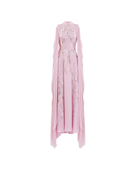 Saiid Kobeisy Pink Crepe Georgette Draped Sleeves Maxi Dress