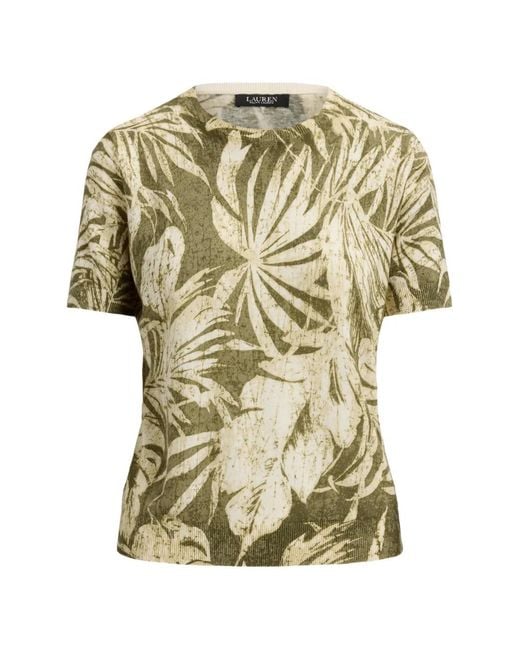 Ralph Lauren White Palm-Frond-Print Short-Sleeve Sweater