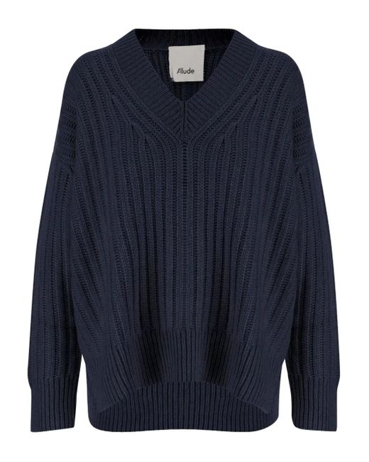 Allude Blue V-Neck Rib-Knit Sweater