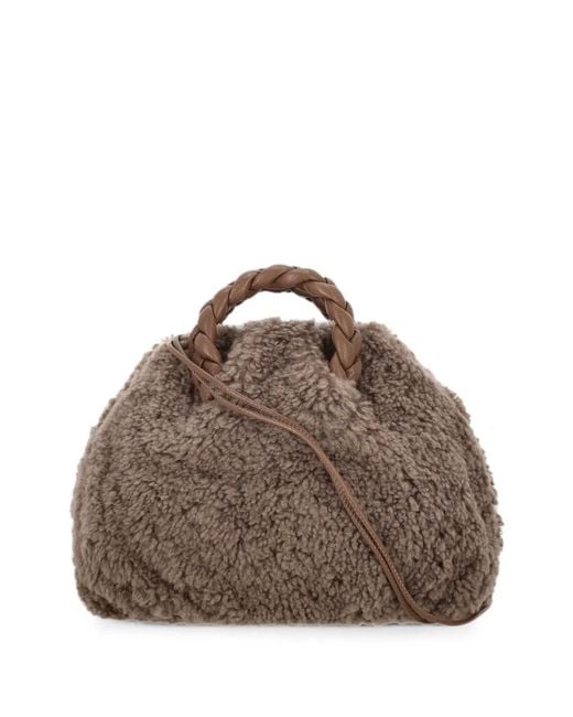 Hereu Brown Braided-Handle Shearling Tote Bag