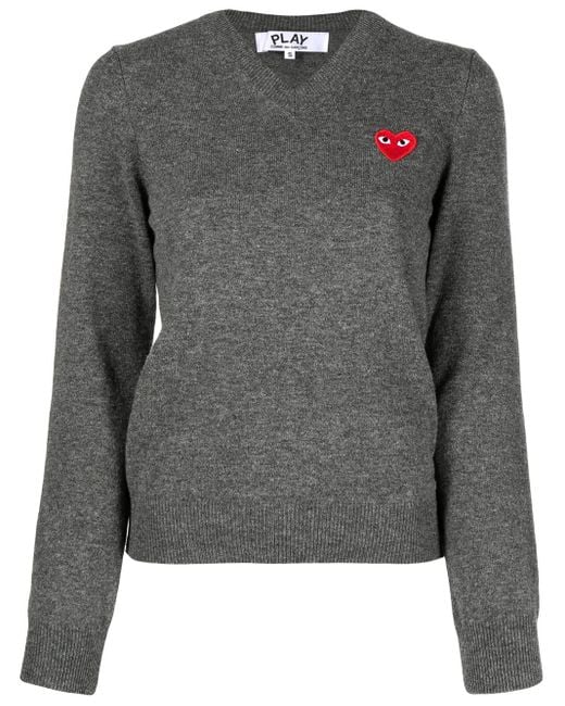 COMME DES GARÇONS PLAY Gray Embroidered Motif V-Neck Jumper