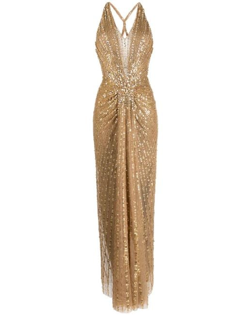 Jenny Packham Natural Lana Crystal-Embellished Halterneck Dress