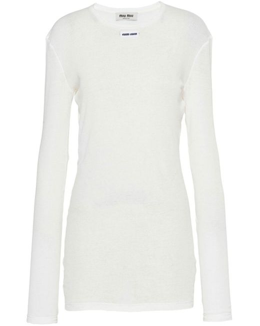 Miu Miu White Geripptes Jerseykleid mit Logo-Patch