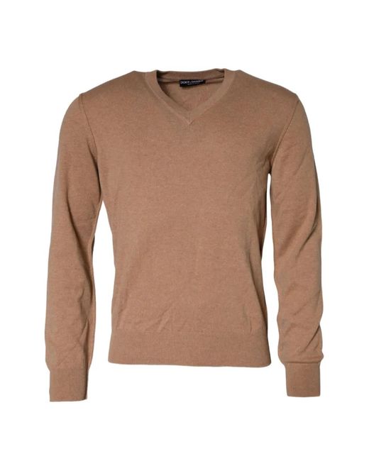 Dolce & Gabbana Brown V-Neck Cashmere T-Shirt for men