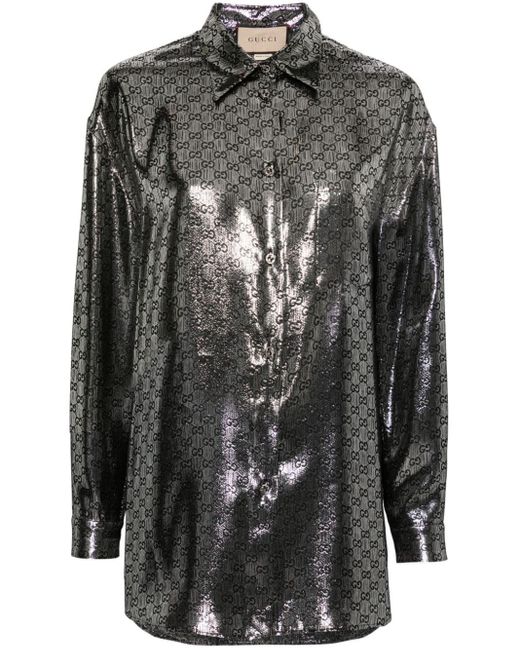 Gucci Gray Lamé GG Silk Crepe Shirt