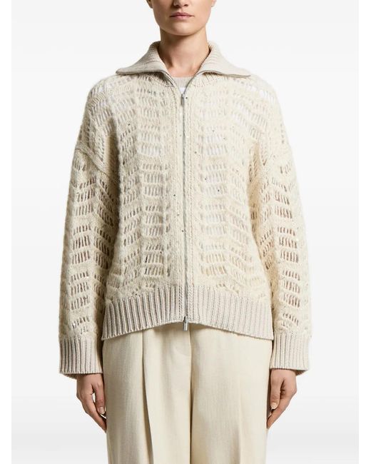 Peserico White Sequin-Embellished Open-Knit Cardigan