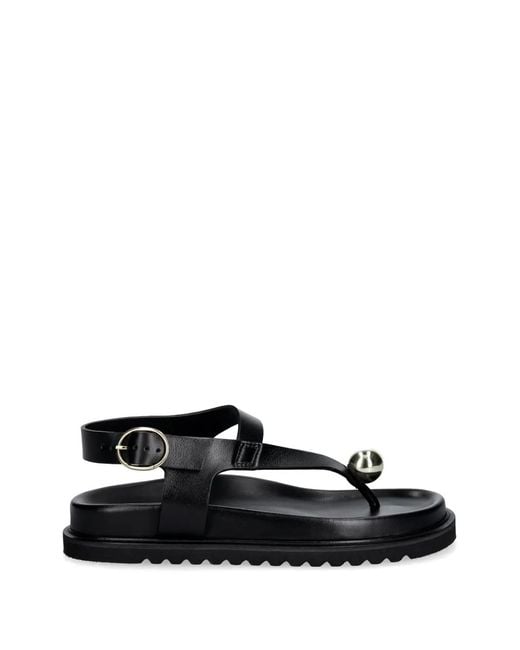 Souliers Martinez Black Sandales Plates Spiaggia En Cuir À Ornement Sphérique