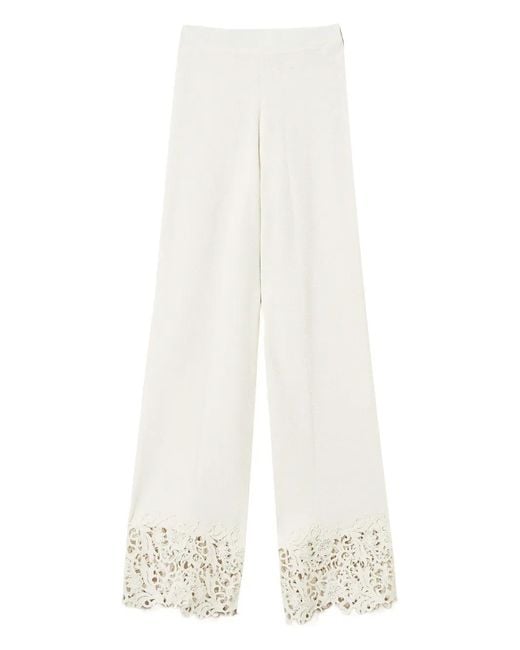 Twinset White Knitted Lace-Panel Trousers