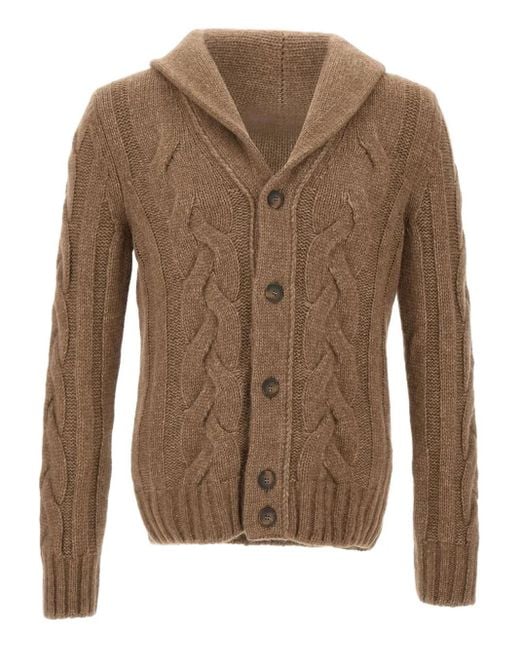 Gran Sasso Brown Cable-Knit Shawl-Collar Cardigan for men