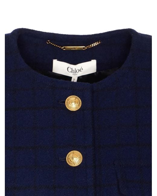 Chloé Blue Check-Pattern Button Jacket