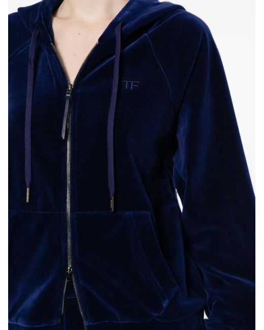 Tom Ford Blue Velour Tonal Tf Embroidered Zip Hoodie