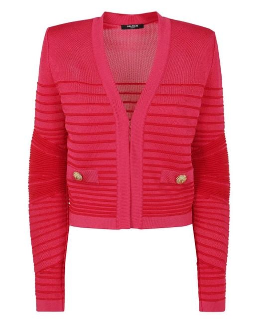 Balmain Red Lon Sleeves Side To Side Flechage Knit Cardigan
