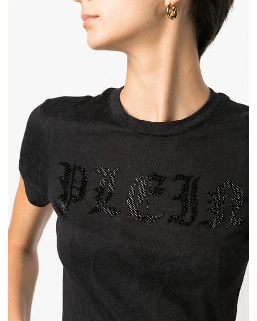 Philipp Plein Black Rhinestone-Logo Snake-Print T-Shirt