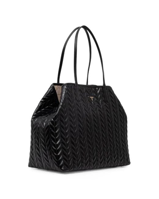 Guess Black Quilted Logo-Plaque Tote Bag