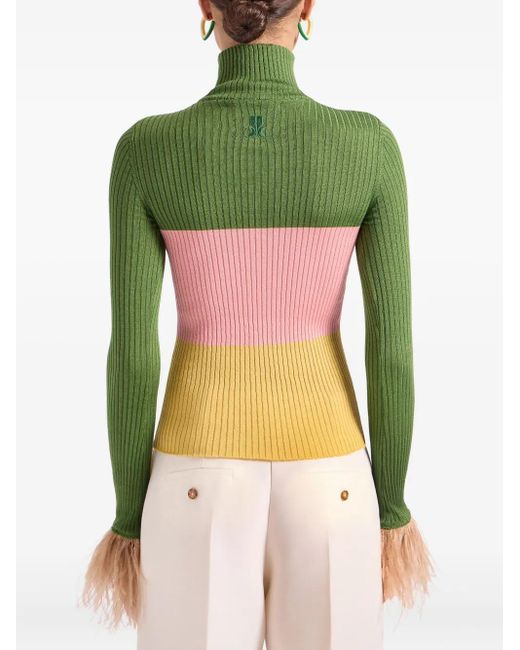LaDoubleJ Green Embroidered-Logo Feather-Cuffs Sweater