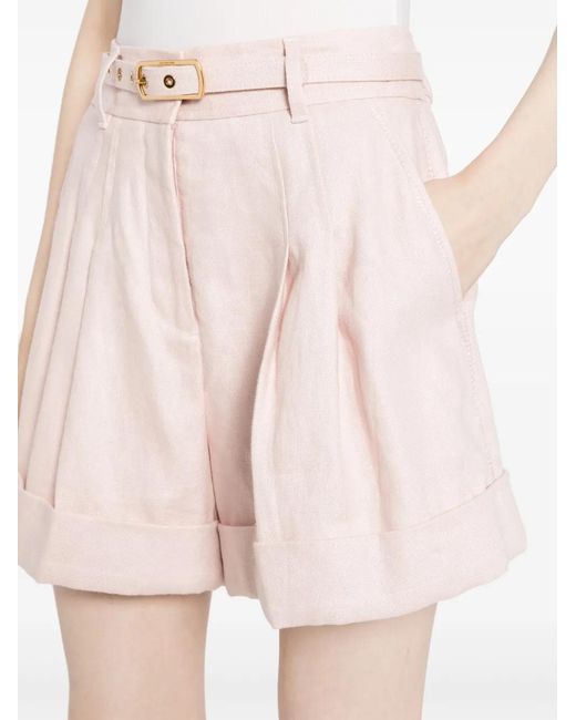 Zimmermann Pink Matchmaker Belted Linen Shorts