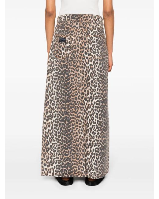 Ganni High Waist Denim Midi-Rok Met Luipaardprint in het Brown