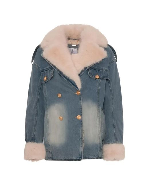 Fracomina Blue Faux-Fur Trim Double-Breasted Denim Jacket