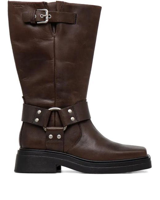 Vagabond Brown Buckle-Strap Square-Toe Boots