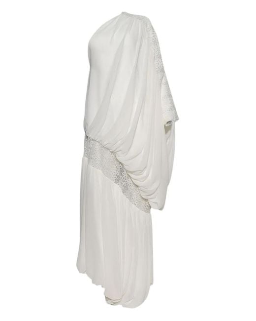 ‎Dima Ayad White Lace-Paneled Draped Maxi Dress