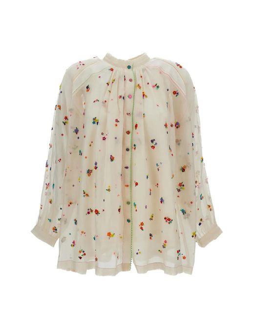 Péro White Bead-Embroidered Loose-Fit Blouse
