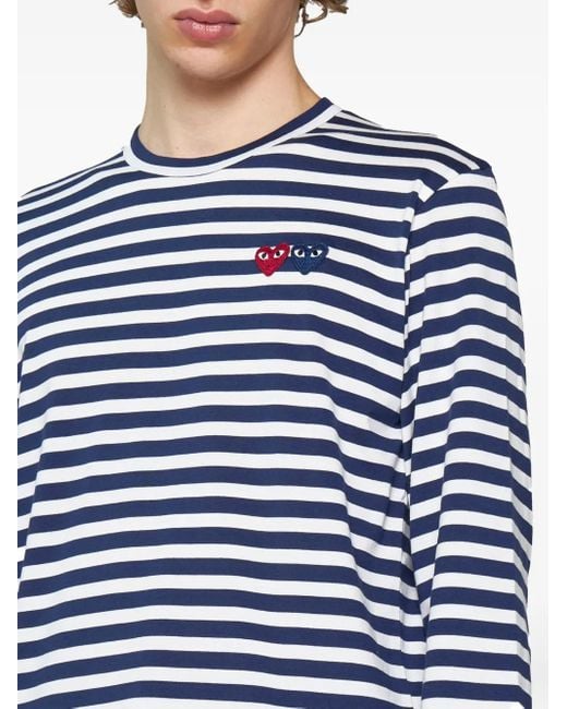 COMME DES GARÇONS PLAY Blue Heart-Patch Striped Cotton T-Shirt for men