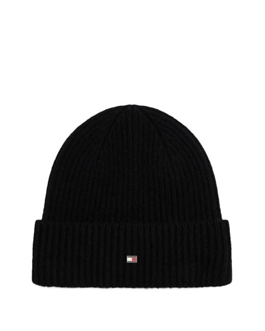 Tommy Hilfiger Black Ribbed Logo-Plaque Beanie for men