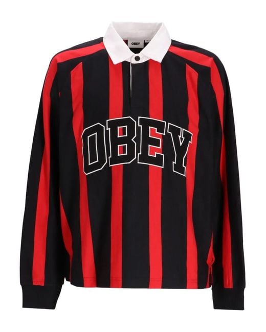 Obey Red Striped Long-Sleeve Polo Shirt for men