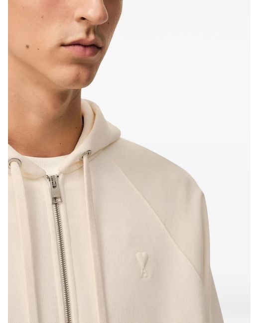 AMI Natural Logo-Embroidered Zip-Up Hoodie