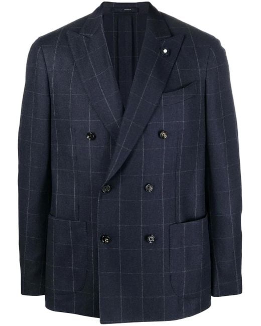 Lardini Blue Double-Breasted Checked Blazer for men