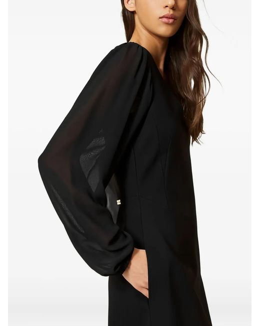 Twinset Black Georgette-Sleeves V-Neck Mini Dress