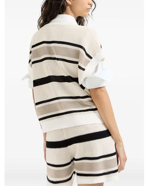 Brunello Cucinelli White Striped Cotton Net Knit T-Shirt