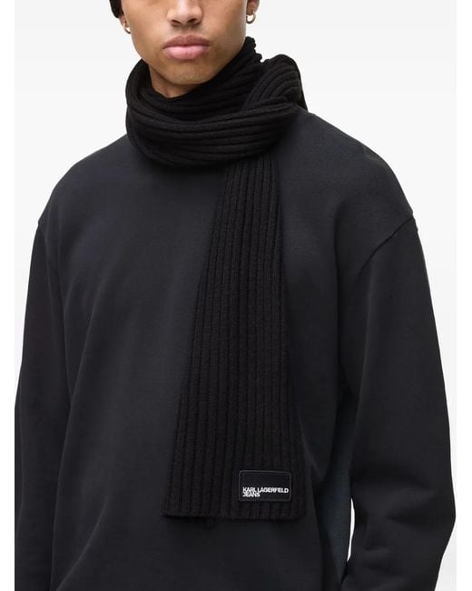 Karl Lagerfeld Black Ribbed Logo-Patch Scarf for men