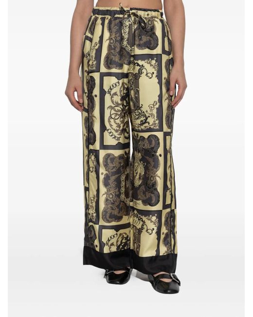 Ganni Natural Graphic-Print Silk Trousers