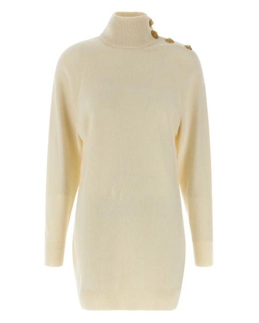 Balmain White High-Neck Button Mini Dress
