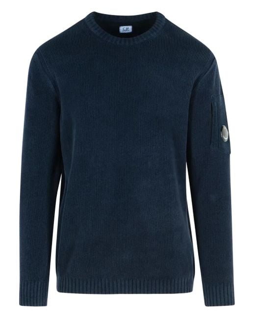 C P Company Blue Ribbed Pocket-Sleeve Sweater for men