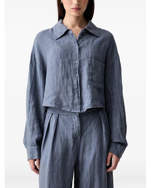 ViCOLO Blue Cropped Button-Down Linen Shirt