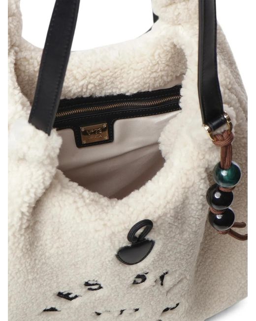 V73 Natural Teddy-Effect Embroidered Shoulder Bag