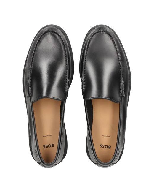 Boss Black Leather Moccasins With Emed Logo for men