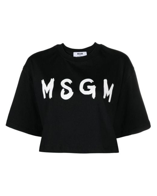 T-shirt crop en coton à logo imprimé MSGM en coloris Black