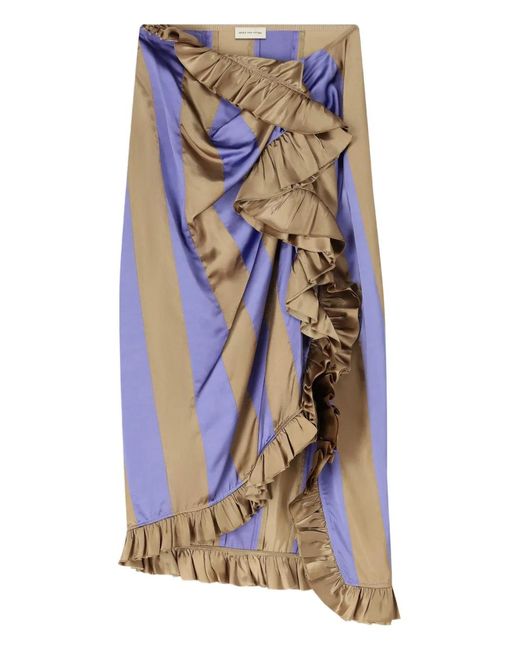 Dries Van Noten Blue Striped Ruffled Midi Skirt