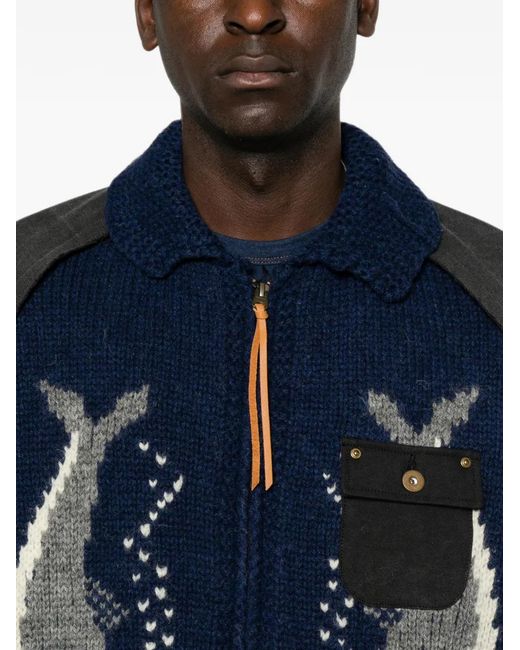KHOKI Blue Intarsia-Knit Panelled Cardigan for men