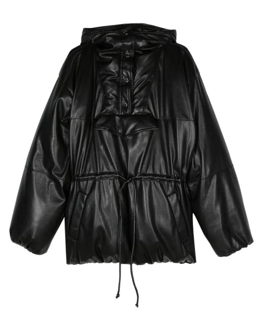 Nanushka Black Faux-Leather Hooded Puffer Coat