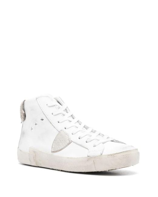 Philippe Model White Distressed High-Top Leather Sneakers